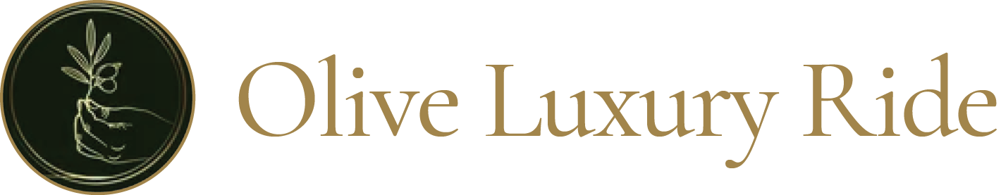 Logo for Olive Luxury Ride featuring a gold olive branch illustration in a black circle next to the company name in gold serif font on a transparent background.