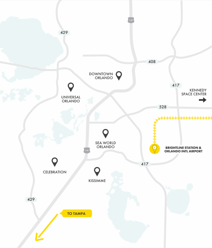 Map showing Orlando landmarks, highways, Brightline Station, Orlando Intl. Airport location, Car Service in Orlando Airport options, and an arrow pointing southwest indicating the direction to Tampa.